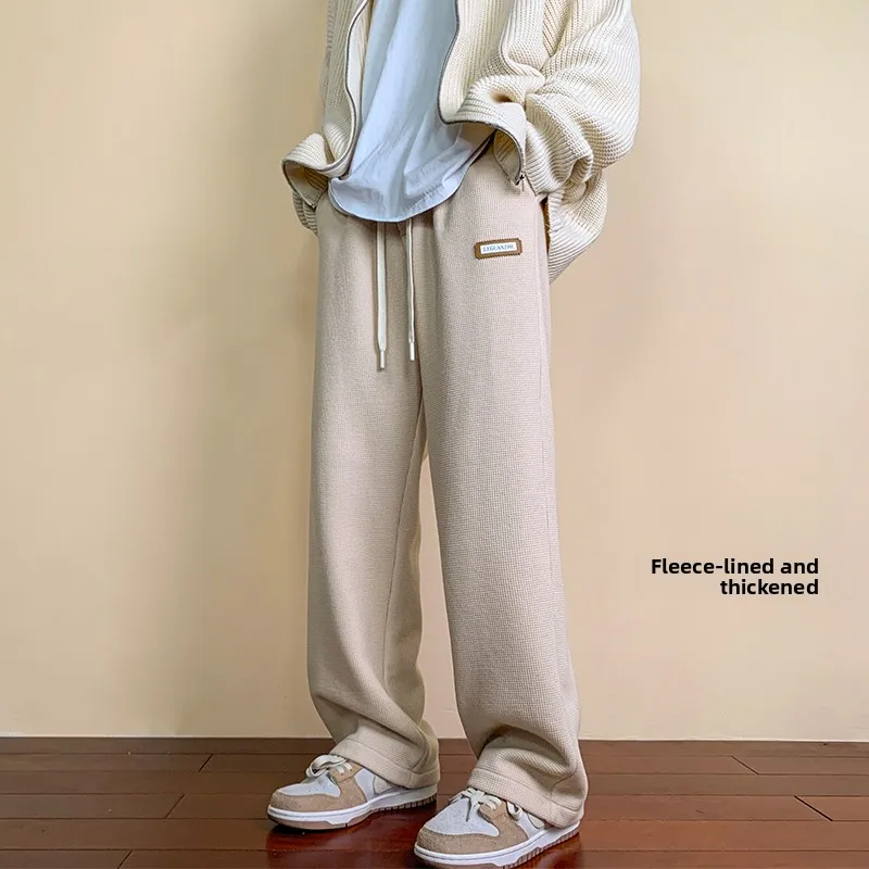 

Men's Autumn Winter Thiened Fce Lined Straight Leg Spor Casual Pants Pure Color Wide Leg Trousers Faionable Youth Sle