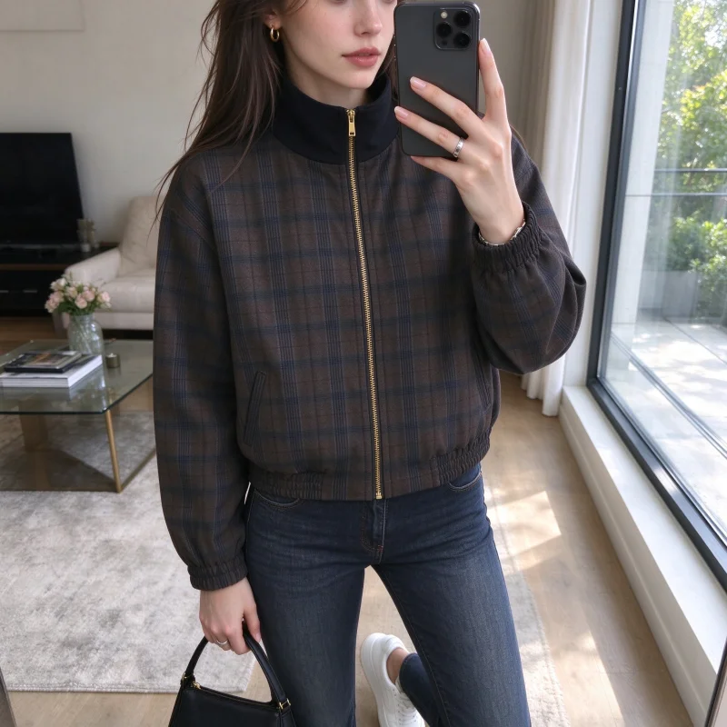 Checked Bomber Jacket Black Brown Casual Relaxed Fit Long Sleeve Outwear Ribbed Collar Gold Zip Front Elastic Cuffs Street Style