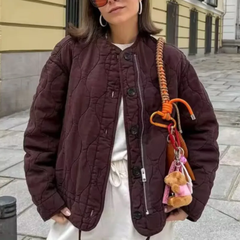 

2025 Women's Winter Retro Style Round Neck Long Sleeve Loose Casual Cotton Padded Jacket Outerwear Daily Wear Warm Street Wear