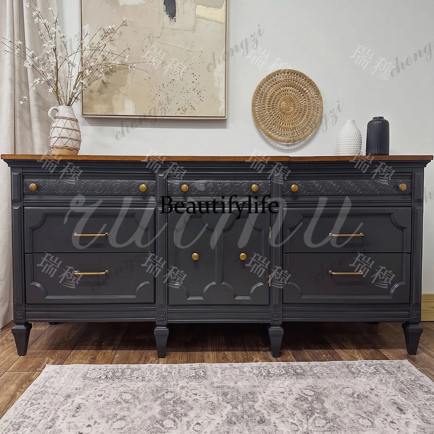 French retro black solid wood long chest cabinet American classic color matching storage cabinet small apartment living room