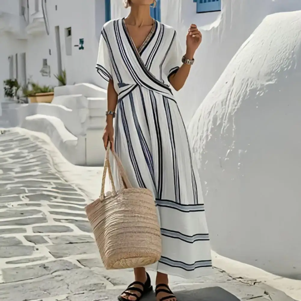 

Summer Office Wear Dress for Women Striped Short Sleeve V Neck Stretchy Fabric Casual Beach Vacation Flowy A-line Sundress