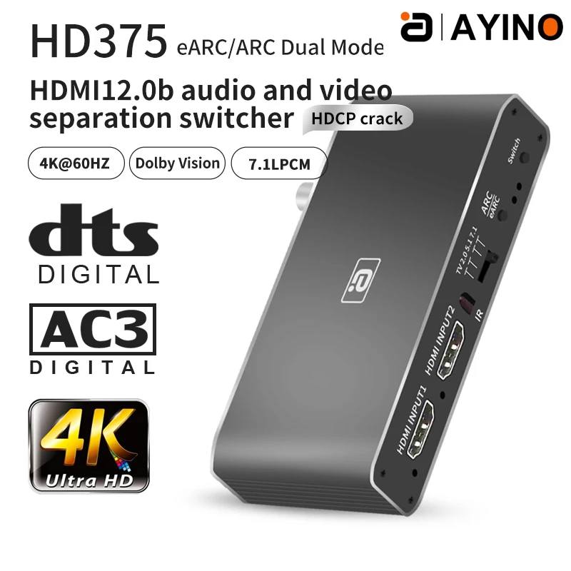 HDMI2.0b 4K60 HD  audio splitter aux audio spdif optical decoder ARC return HDCP2.2 Dolby Digital plusFor TV&Amplifier&Speaker