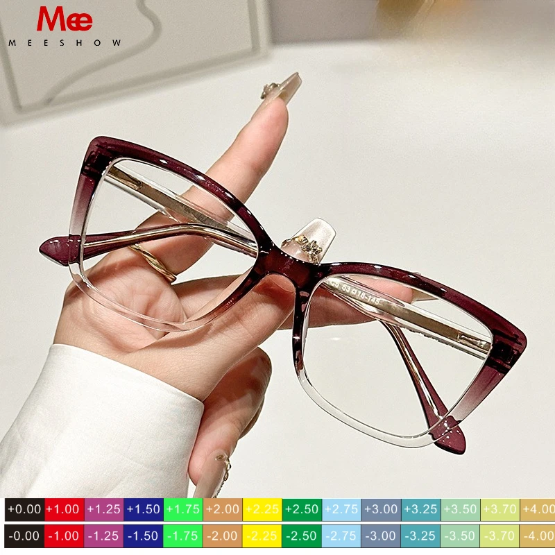 Meeshow New Simple Stylish Cat's Eye Personalized Women's Anti-Blue Light Reading Glasses Customizable Prescription TR78101 +175