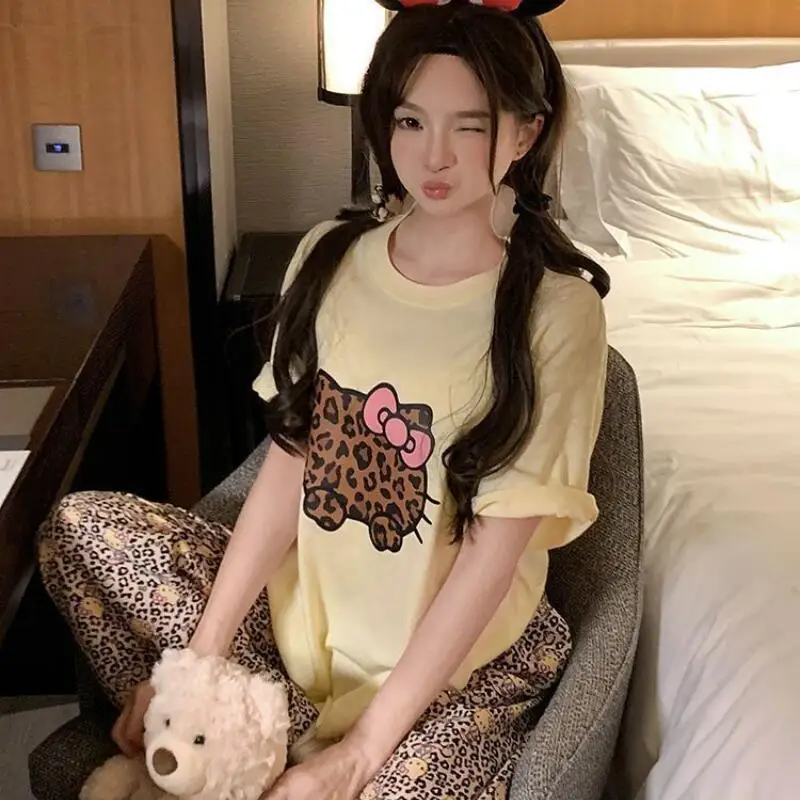 Short Sleeved T-Shirt Leopard Print Hello Kitty Women's Summer New Sanrio Fashionable Loose Medium Long Casual Pure Cotton Tops