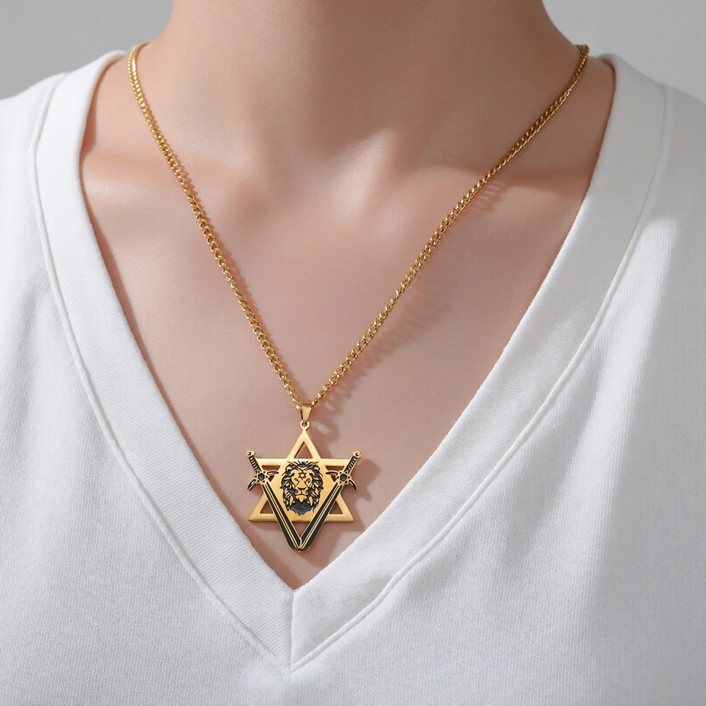 Dawapara Victory Swords Lion of Judah and Star of David Necklace Judaica Protection Amulet Stainless Steel Jewelry