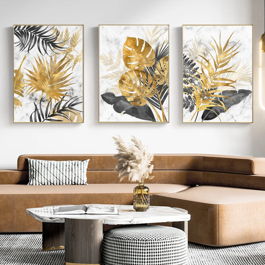 

Abstract Golden Tropical Palm Leaf Canvas Paintings Modern Interior Home Wall Decor Art Posters Prints Pictures Cuadros No Frame