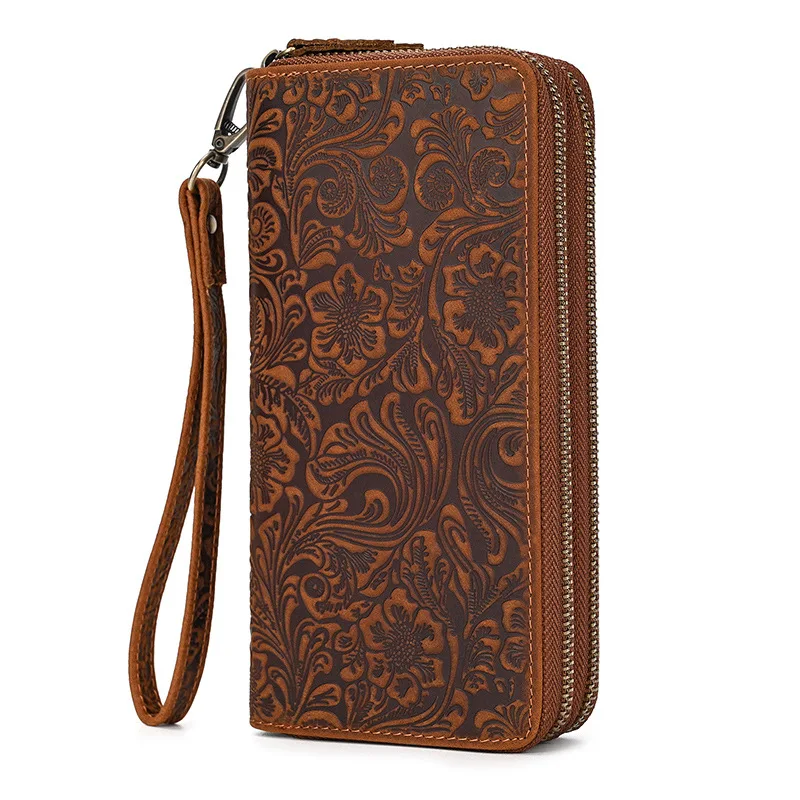 Floral Real Cow Leather Purse Men or Women Genuine Leather Wallet Large Doulbe Zipper Clutch Bag