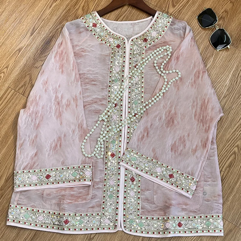 High End Blouse for Women's Spring Summer Flowers New Loose Beading Sunscreen Top S-XL