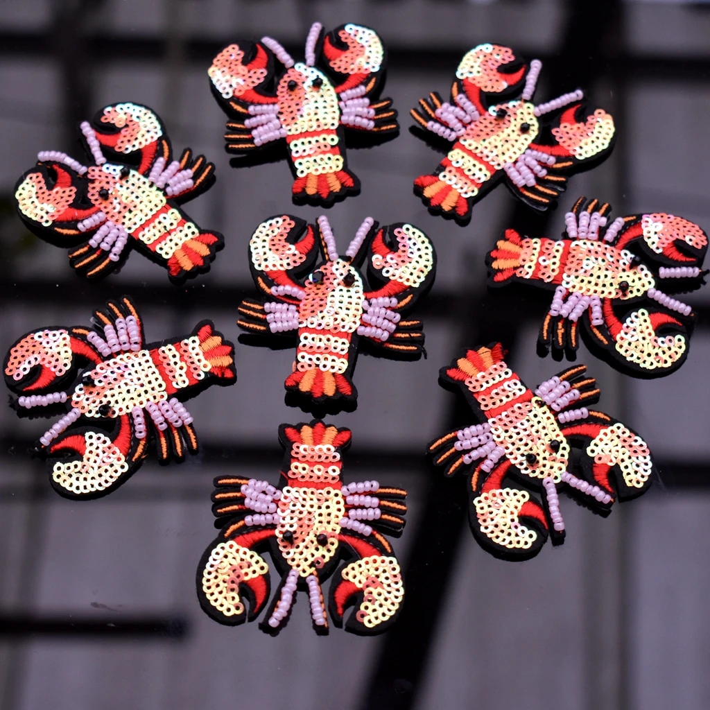 Beaded Lobster Crab Patches Embroidery Sequin Applique Turtle Applique Sew on Bag Shoes Clothes Decorate Accessory