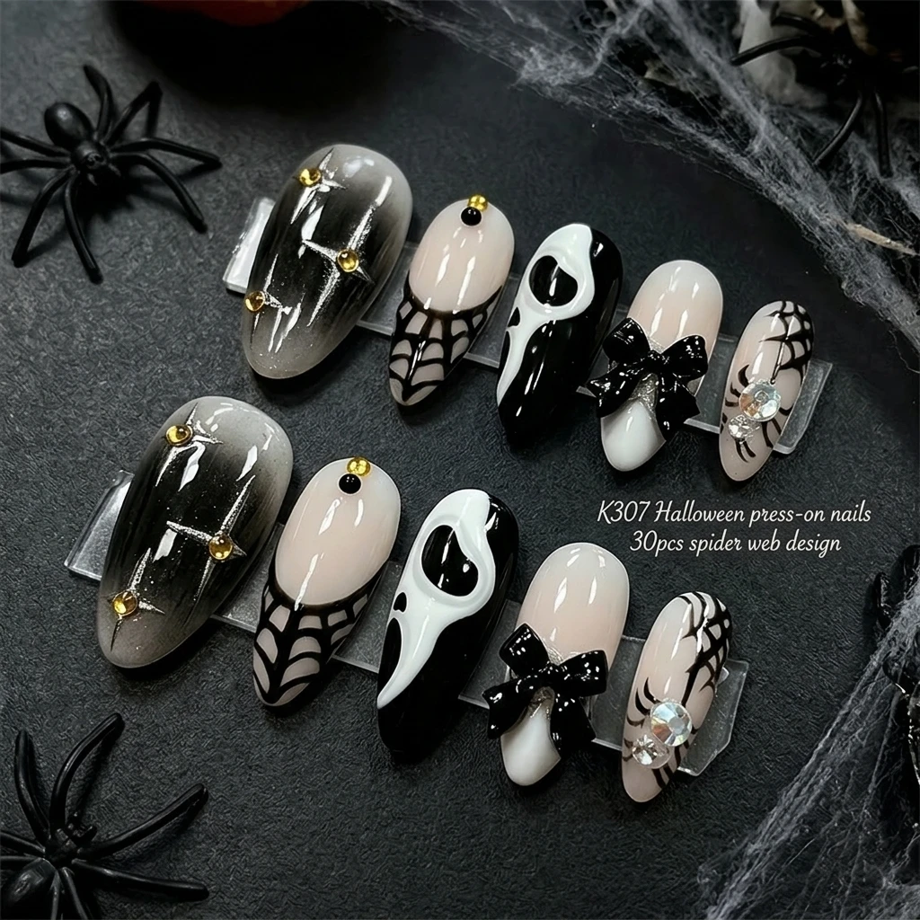 30 Stück Gradient Schwarz Halloween Künstliche Nägel Horror Geist Spinnennetz 3D Schleifen Dekor Aufklebenägel Dunkle Mandelform Party Falsche Nägel – Detail 4