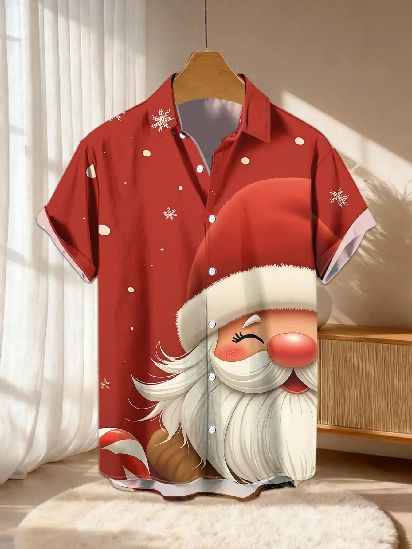 Men Short Sleeve Shirt Christmas Funny Santa Face Print Lapel Casual Holiday Party Button Down Tops Men's Clothing