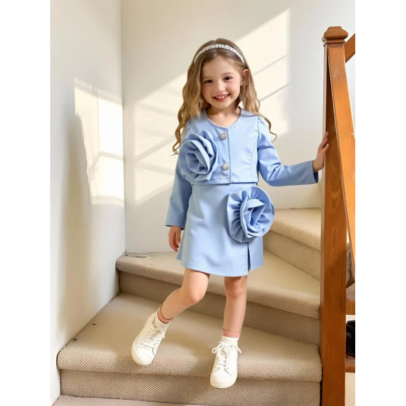 Children's clothing, girls' spring and autumn fashion set: a long-sleeved top with a 3D floral design, paired with a skirt and p