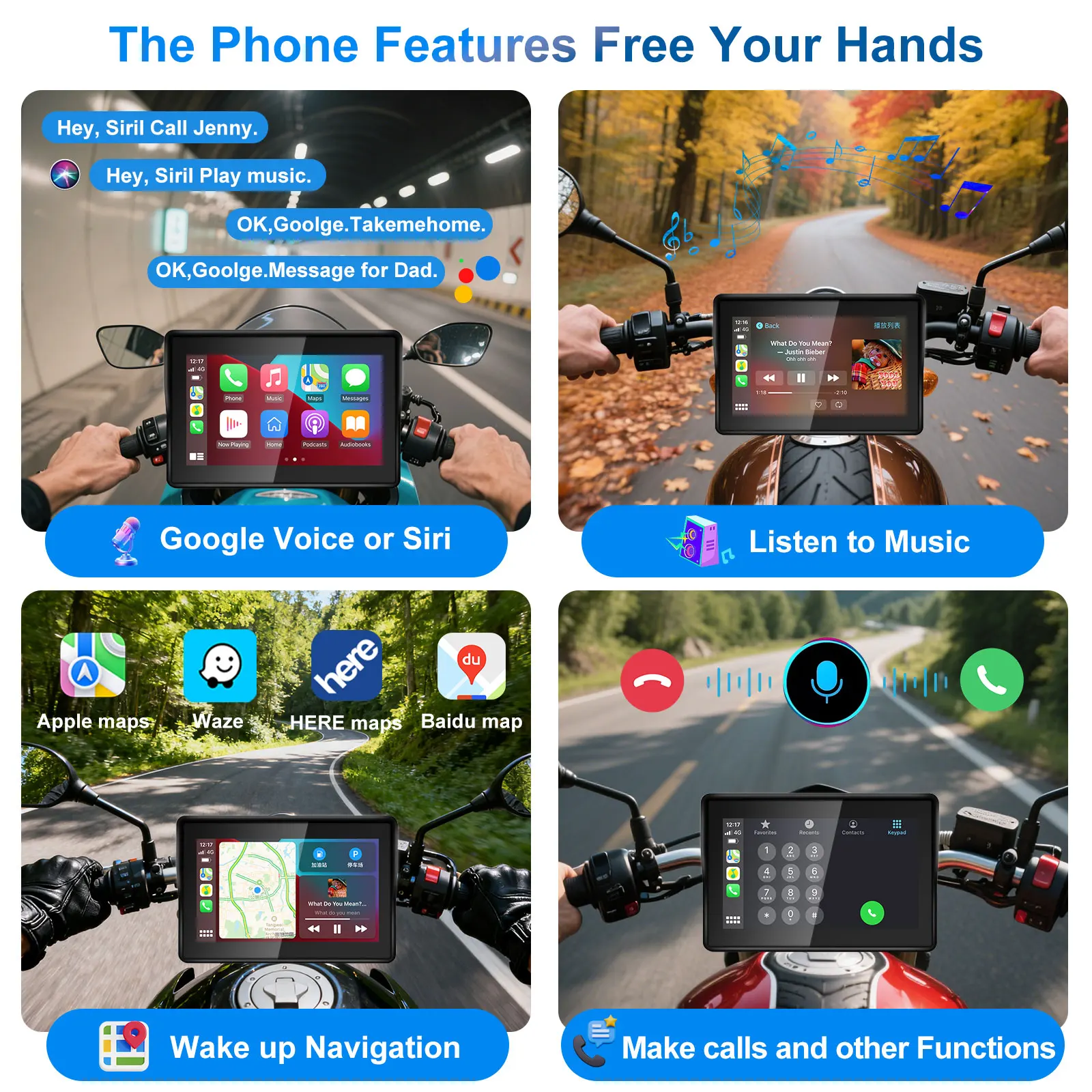 شاشة CarPlay Moto Android Auto اللاسلكية المحمولة الرقمية القابلة للإزالة GPS مقاومة للماء BT مراقب الملاحة للدراجات النارية
