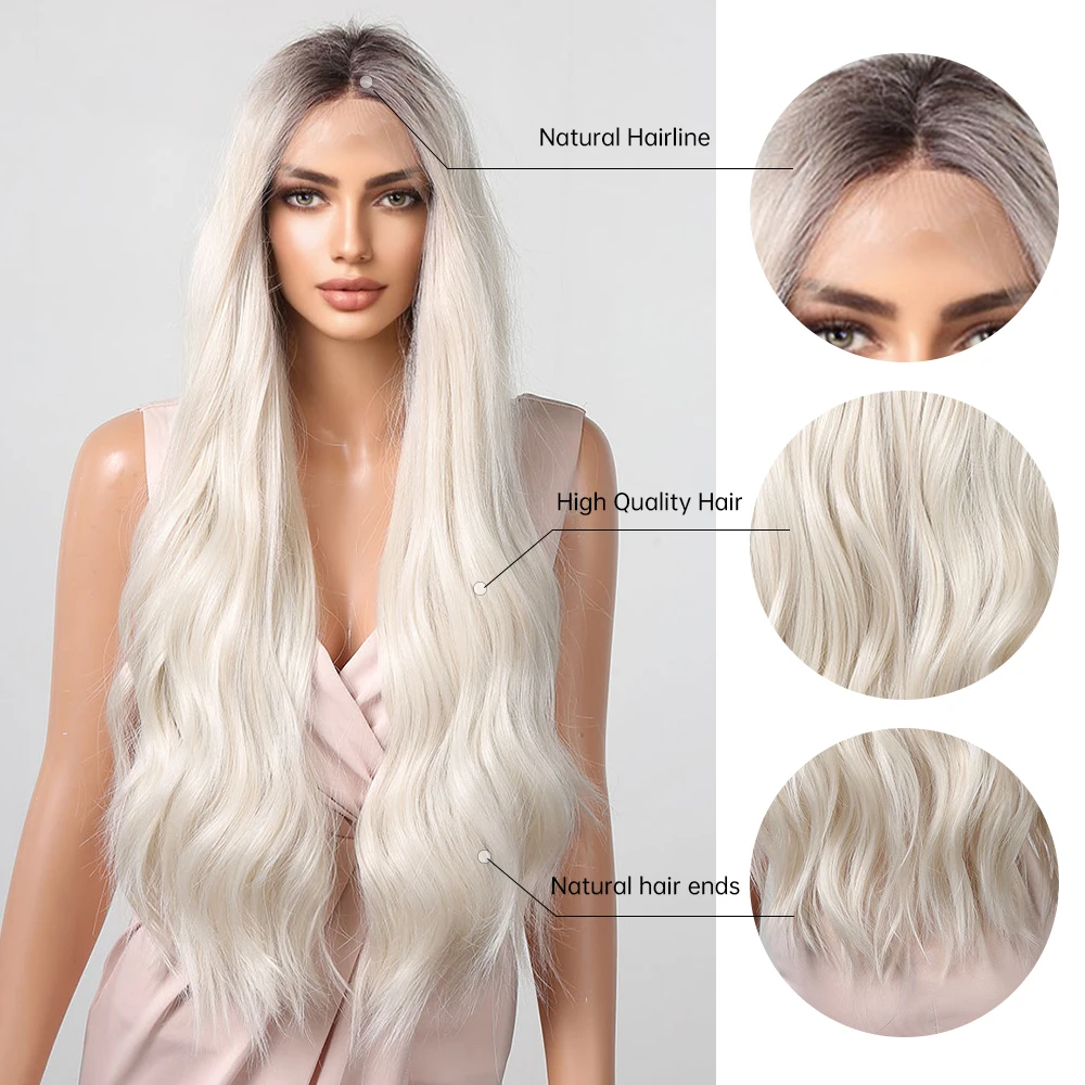 ALAN EATON Platinum Blonde Synthetic Lace Wig Long Wavy Hair Ombre Blonde Lace Front Wigs Heat Resistant for Women Daily Party