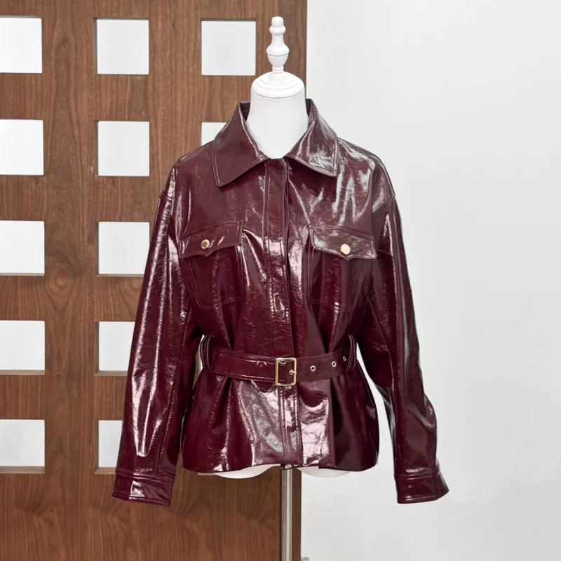 HKSH Damen PU-Leder-Set mit Gürtel, Taillenbetonter Einfarbiger Punk-Ins-Jacke, Vielseitiger A-Linien-Kurzrock, Neu Frühling 2026 HK19412