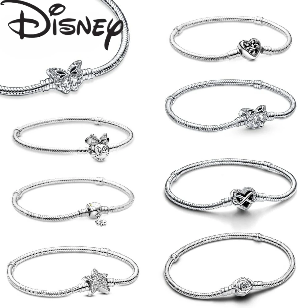 

2026 New Disney Charm Bracelet Moments Sparkling Mickey Mouse Heart Clasp Snake Chain Bracelet for Women DIY Charms Beads