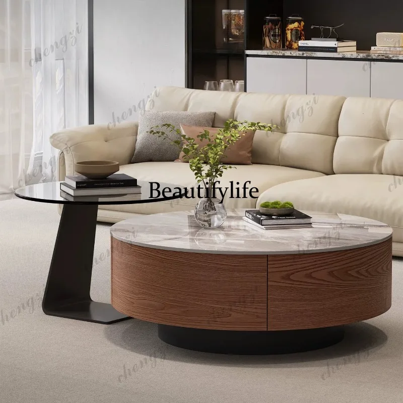 73 Italian light luxury round rock slab coffee table storage living room small apartment creative design solid wood walnut color