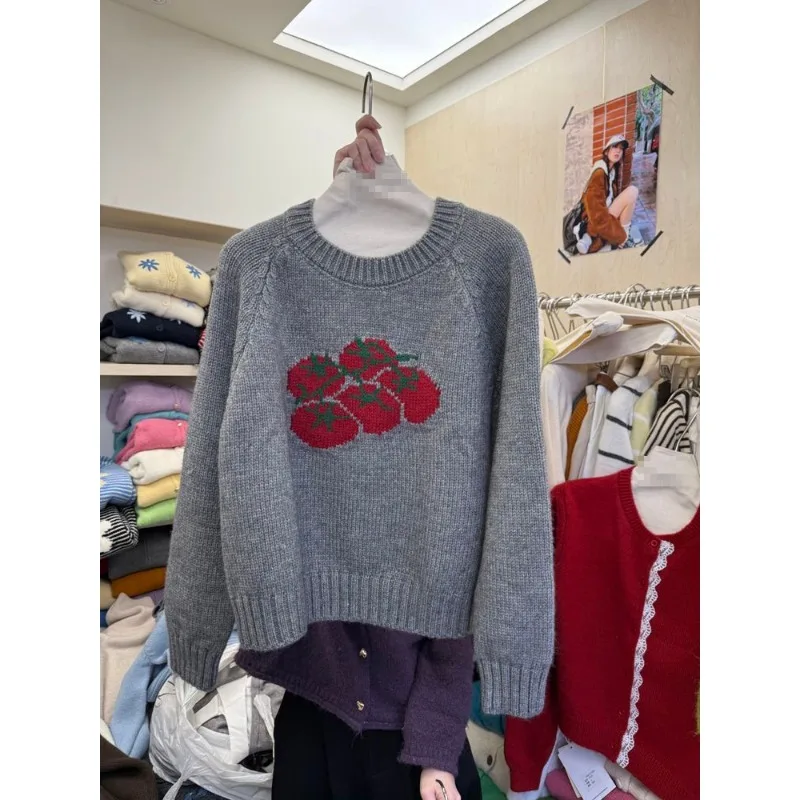 Estilo coreano otoño nuevo diseño de tomate tejido Casual de manga larga cuello redondo suéter Top para mujer