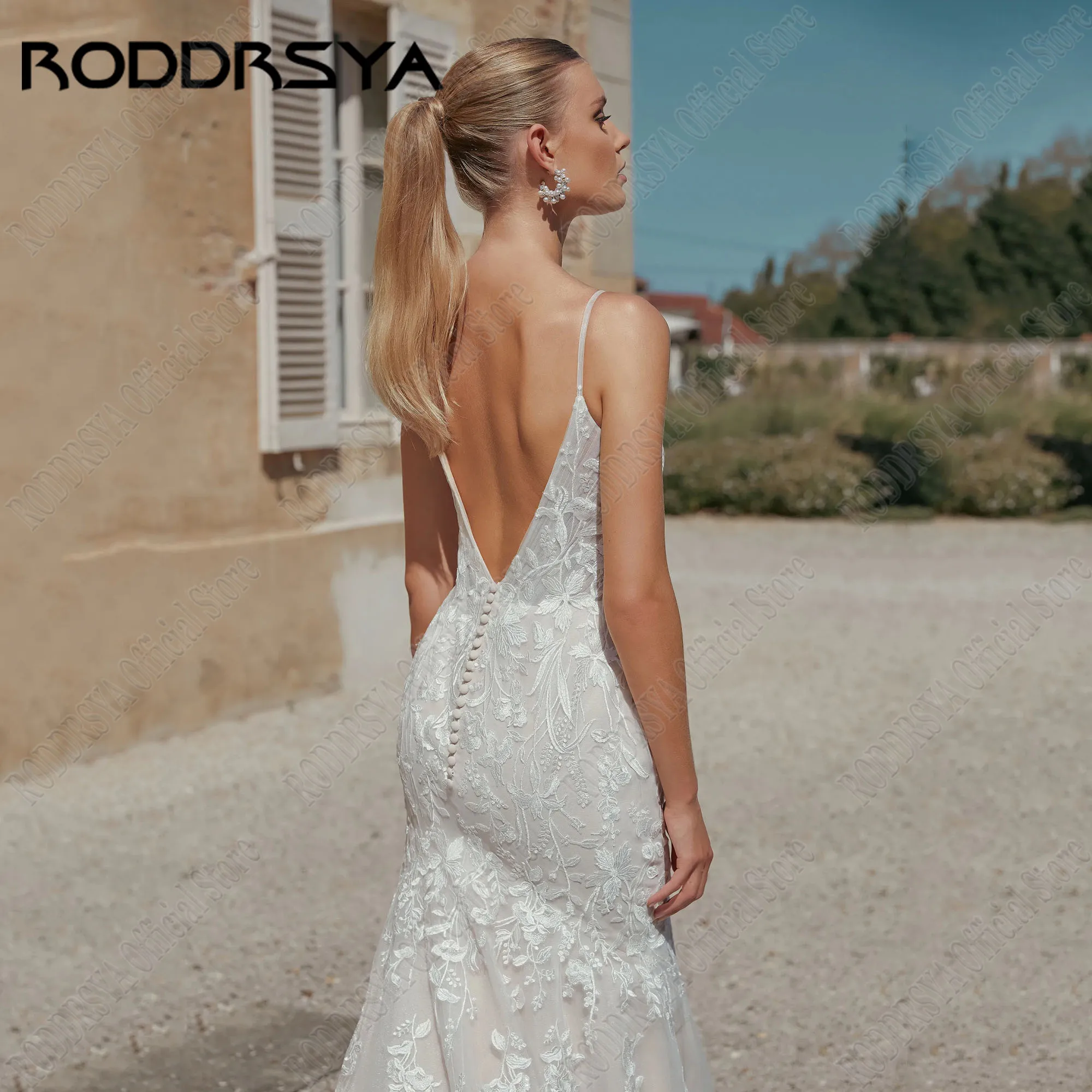 RODDRSYA-Robe de mariée sirène en dentelle avec décolleté en V pour femme, bretelles spaghetti, surintendant wjurk, tulle, appliques de plage, dos nuRoddrsya dentelle sirène robe de mariée V - neck spaghetti Strap pant