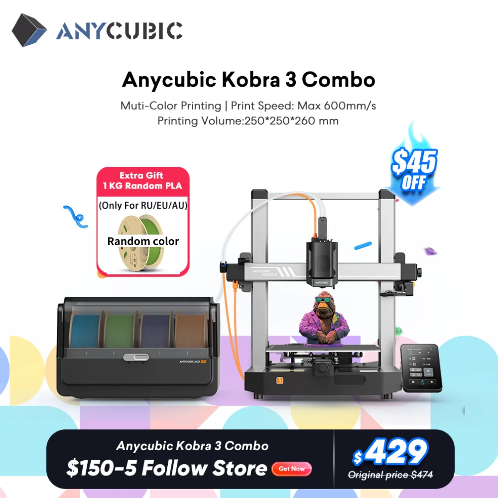 ANYCUBIC Kobra 3 Combo FDM Multi-Color 3D Printer Print in 4 to 8 Color With Max 600mm/s Printing Speed Build Size 250x250x260mm