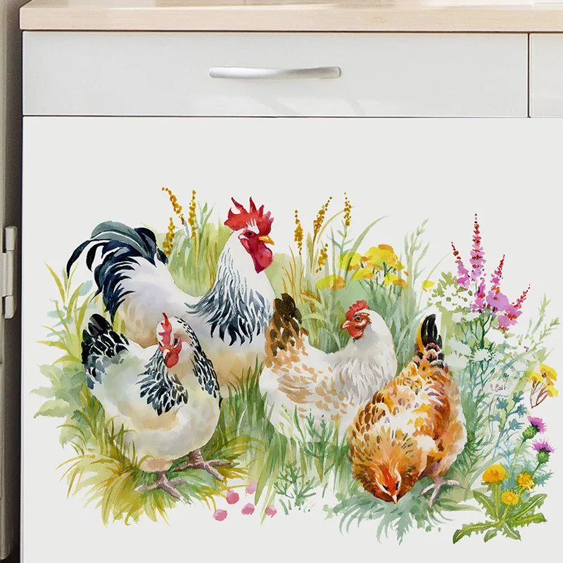 New Hen Chickens Rooster in Grasses Vinyl Decal Wall Sticker Home Kitchen Décor Wall Corner Cabinet Refrigerator Wallpaper Decor