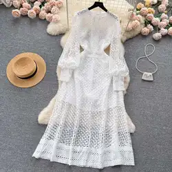 White Lace Prom Dress Wedding For Women 2025 Summer Autumn Hollow Out Long Sleeve Evening Party Holiday Vacation Fashion Dresses