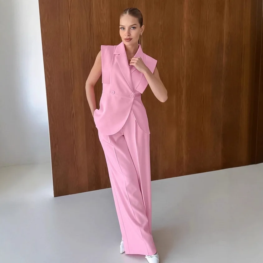 Elegant Pink Blazer Vest Pants Matching Set for Women Spring Summer Office Suit Tops Trousers