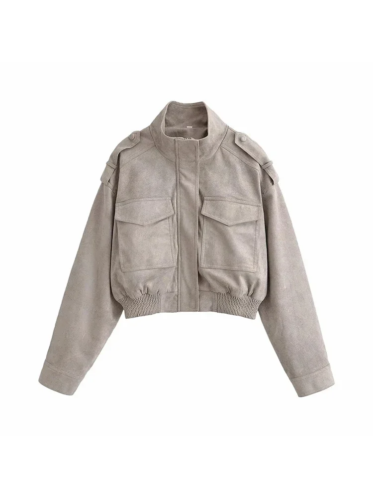 Cropped Elegant Women Stand Collar Jacket Women Shoulder Strap Design Flap Pockets Zip 2026 Autumn Casual Lady Coat