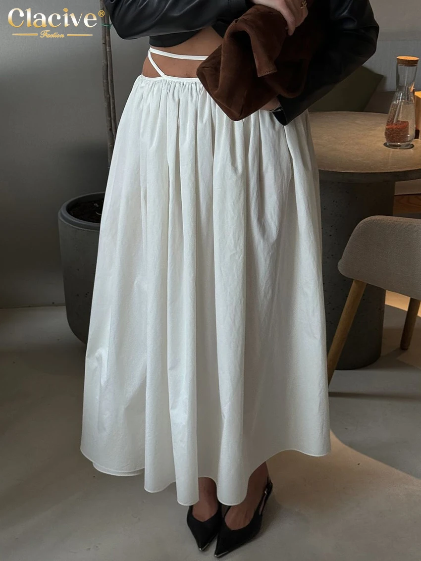 Clacive Casual Loose White Cotton Women's Skirt 2025 Fashion Mid Waist Ankle Length Skirts Elegant Pleated Skirt Female Cltohing