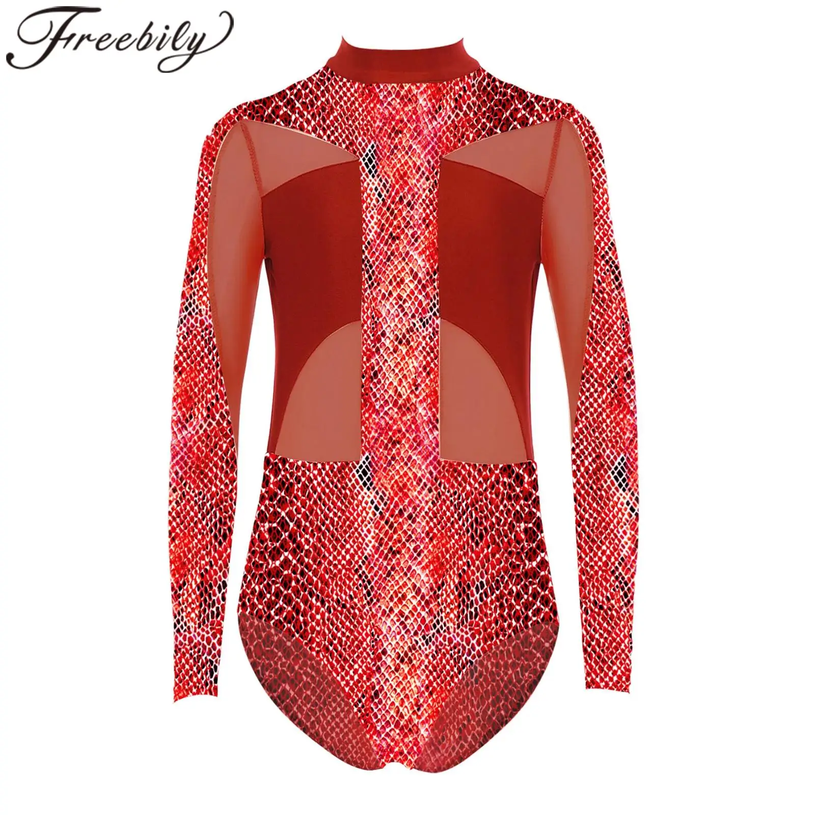 Children Rhythmic Gymnastics Leotards Mesh Patchwork Ballet Dance Jumpsuit Girl's Long-Sleeved Printed Leotard Skating Bodysuit