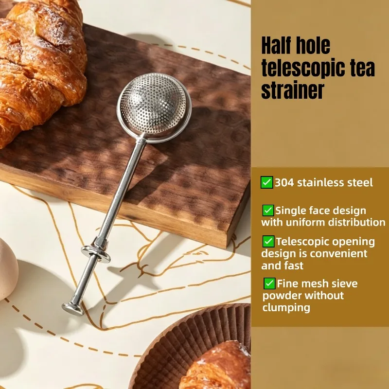 Retractable 304 Stainless Steel Tea Infuser, Semi Fine Mesh Single Side Loose Leaf Tea Strainer, Easy Clean Powder Sifter for Baking & Kitchen Use