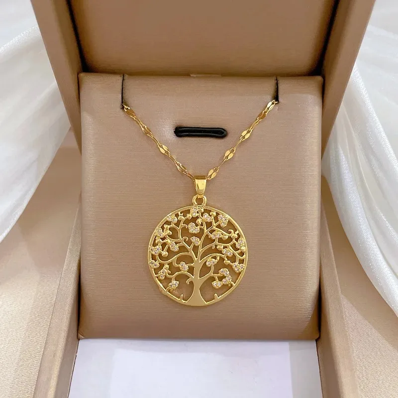 Temperamental Luxury Rhinestone Tree of Life Pendant Necklace Women Vintage Stainless Steel Waterproof Chain Aesthetic Jewelry image 2