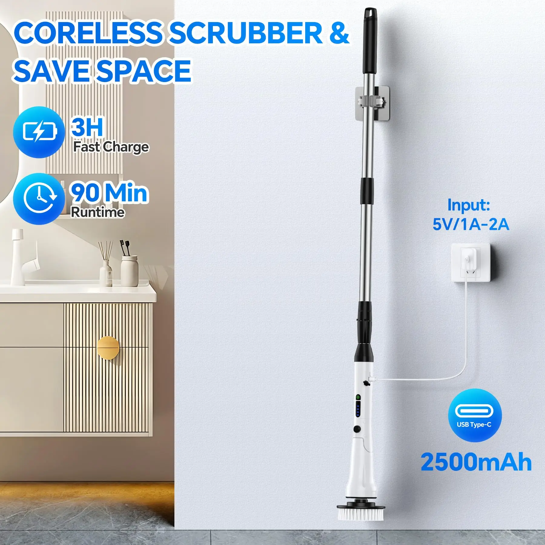 Cordless Electric Spin Cleaning Brushes Sustainable Stainless Steel with Plastic Handle Waterproof Cleaning Supplies