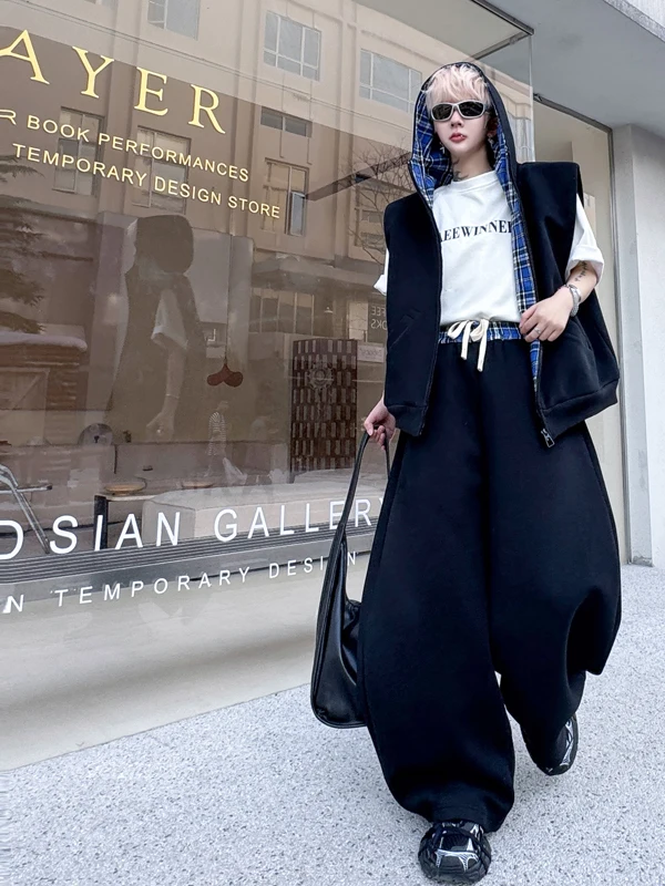 

Spring Summer Faion Blogger Hooded Svel Vest Set Wide Leg Pants Casual Long Pants Suit Men's Blue Plaid Splicing