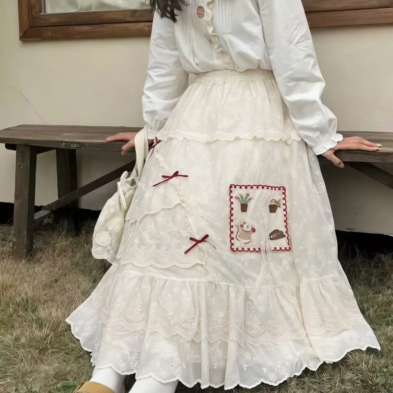 Vintage Kawaii Mori Girl Style Embroidered Ruffle Bow Lace A-Line Maxi Skirt Cute Aesthetic Elastic Waist Long Skirts for Women