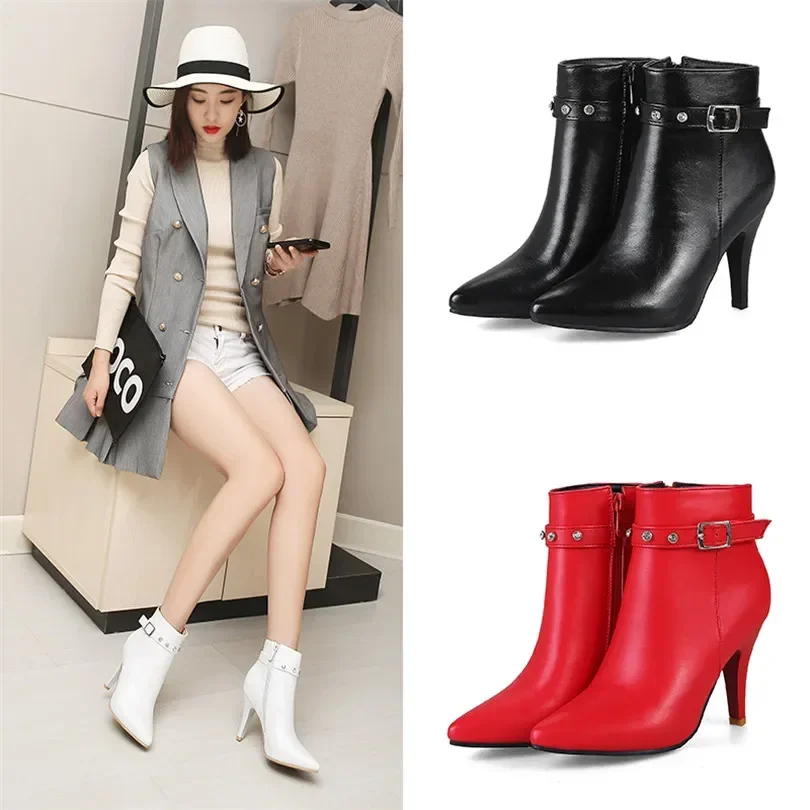 Big Size Winter Women Ankle Boots Red Black 9cm High Spike Heels Casual Office Ladies Fashion Crystal Buckle Zipper Short Boots