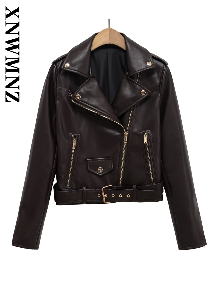 

XNWMNZ 2025 осенняя женская одежда, модная простая кожаная куртка с отложным воротником и длинными рукавами, повседневная винтажная женская шикарная куртка