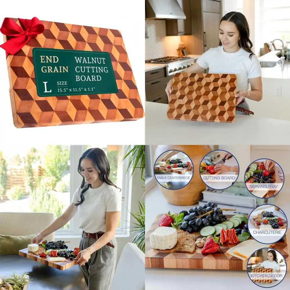 

Walnut Hardwood End Grain Chopping Board 15.5x11.5 - Kitchen Cutting Block with Non-Slip Grips for Charcuterie and More