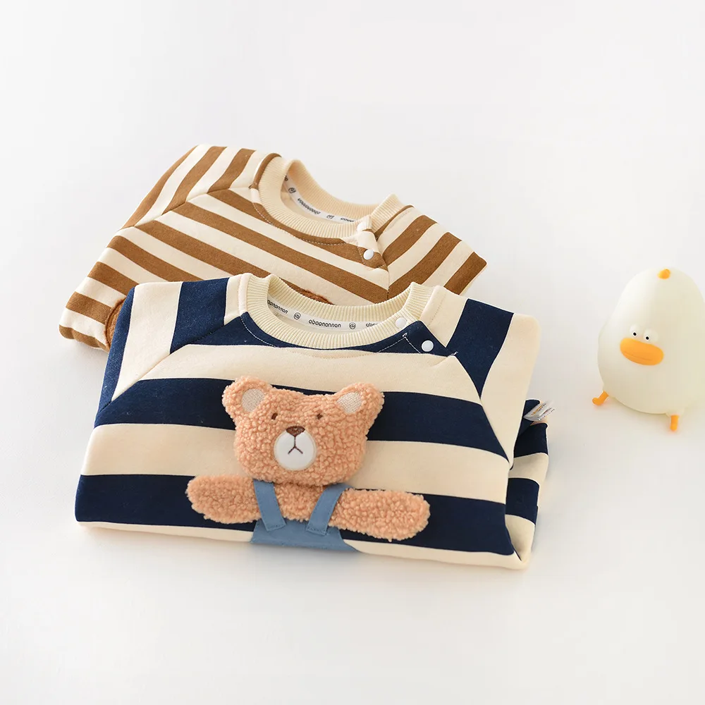 One Piece Baby Rompers Thicken Lining Boys Clothes Striped Infant Girls Jumpsuits Bear Outfit