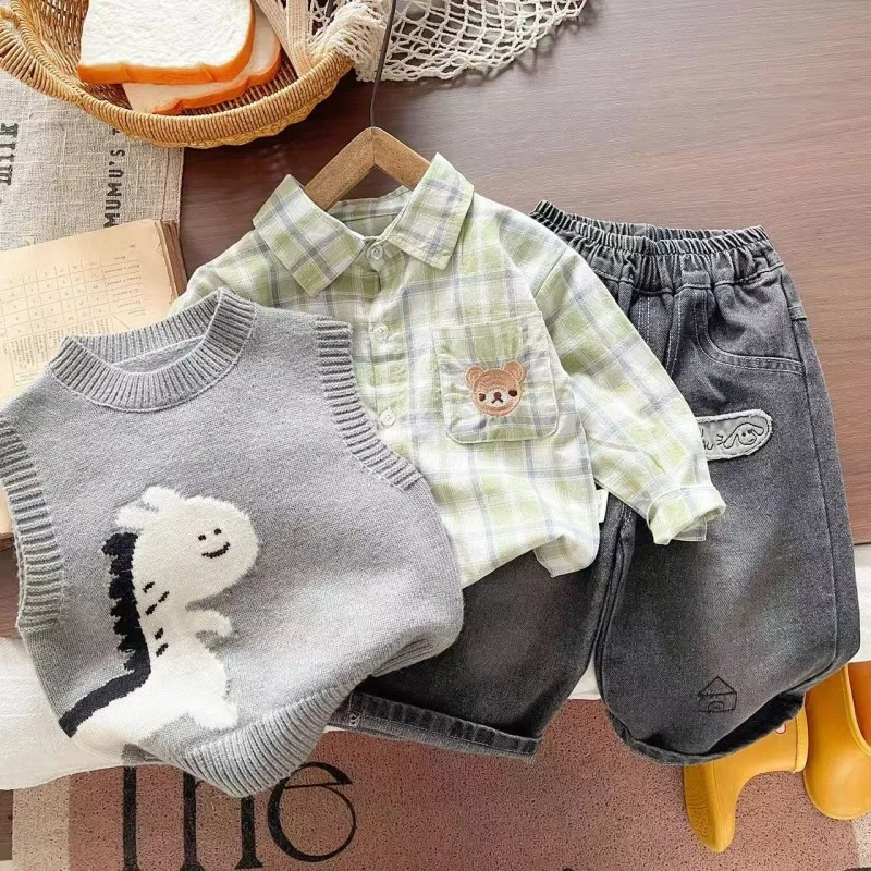 Boys' Clothing Set 2026 Spring and Autumn New Children's Korean Version Sweater Vest+Shirt+Pants Three Piece Set