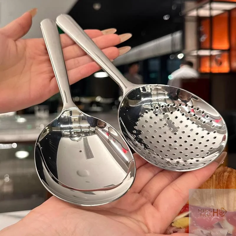 or 2 Pcs Heat Insulated Stainless Steel Ladles; For Serving Soup and Rice; Equipped with Drain Hole; Must-Have Kitchen Utensils