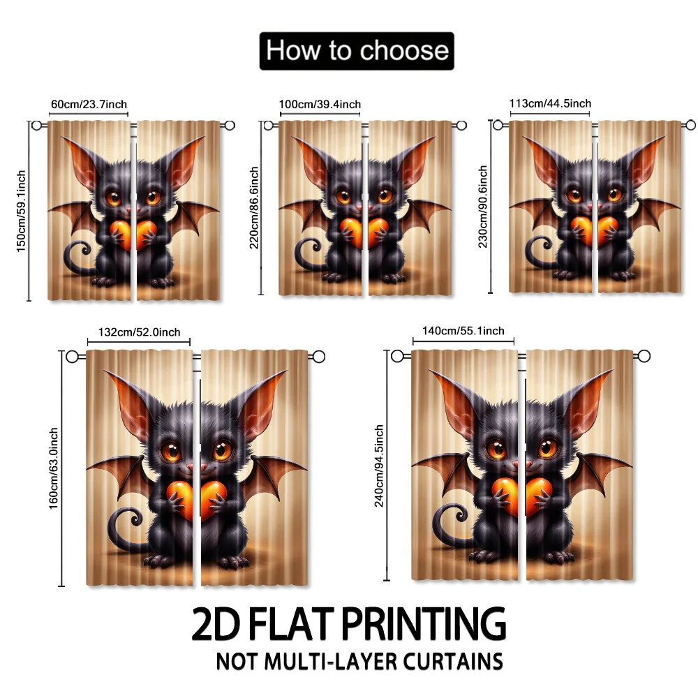 Cute Baby Bat Curtain Holding Heart Fantasy Animal Pattern Drape Gothic Kawaii Window Treatment for Kids Room Bedroom Home Decor