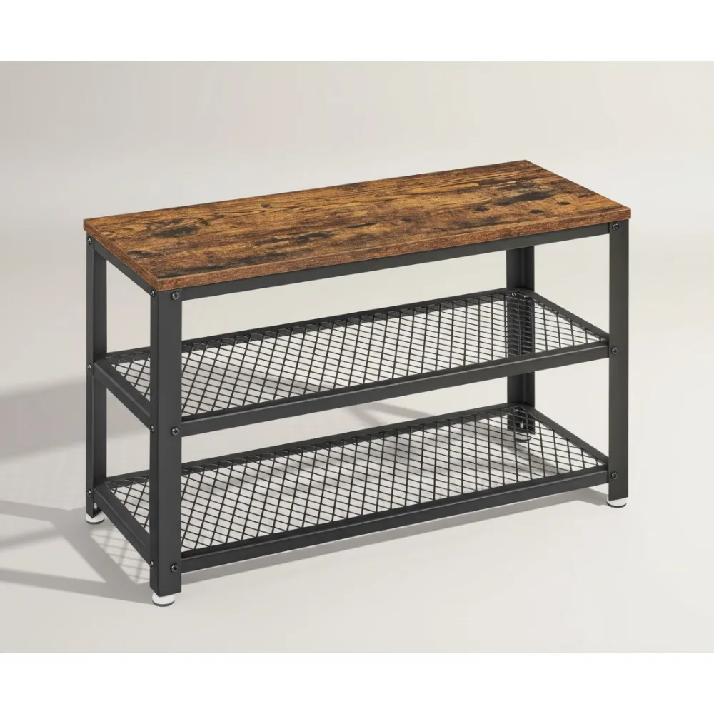 

3-Tier Shoe Rack Bench with Metal Mesh Shelves, Entryway Storage Organizer Seat, Rustic Brown Black, 11.8x28.7x17.7 Inches
