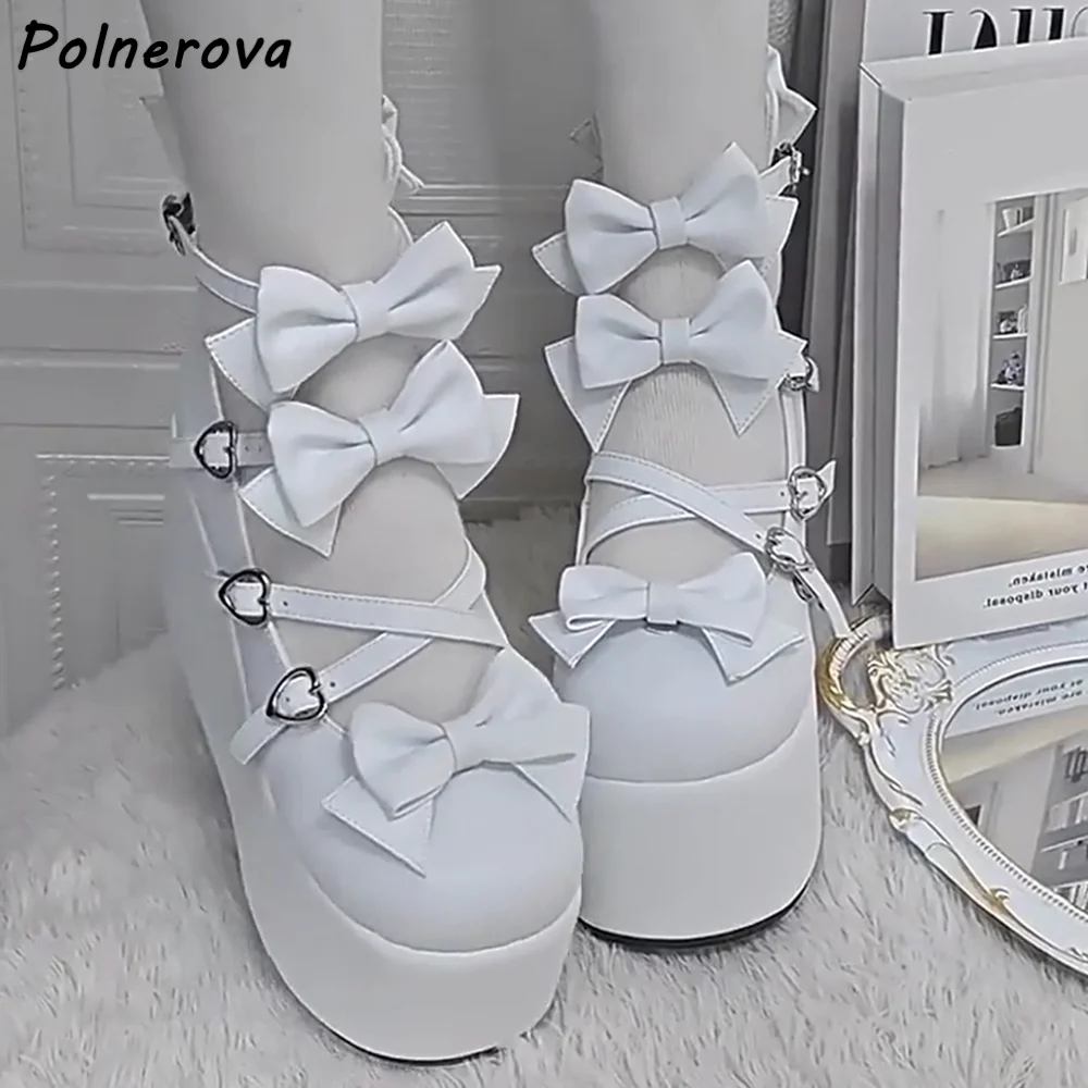 White Butterfly Knot Pumps Multi Heart Buckle Platform Round Toe Sweet Lolita Cosplay Shoes Women's Sweet Trendy Dress Shoes