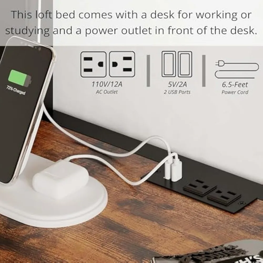 سرير علوي معدني مزدوج الحجم مع مكتب، 4 أرفف تخزين، مخرج طاقة، أضواء LED، وسكة أمان