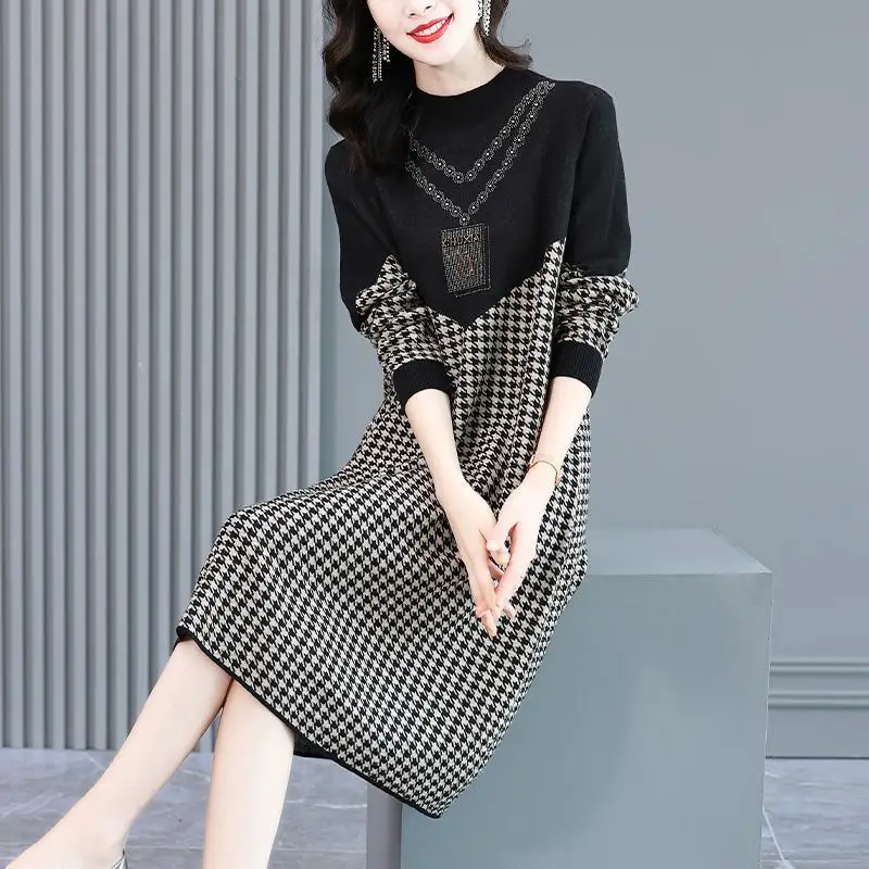 AutumnWinter New Fashion Elegant Round Neck Pullover Long Sleeve Solid Color Casual Versatile Comfortable Clothing Women Dresses