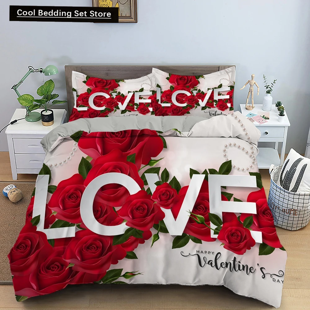 

Red Rose King Queen Duvet Cover Romantic Flower Bedding Set Valentine's Day Quilt Cover Couples Floral Polyester Comforter Cover