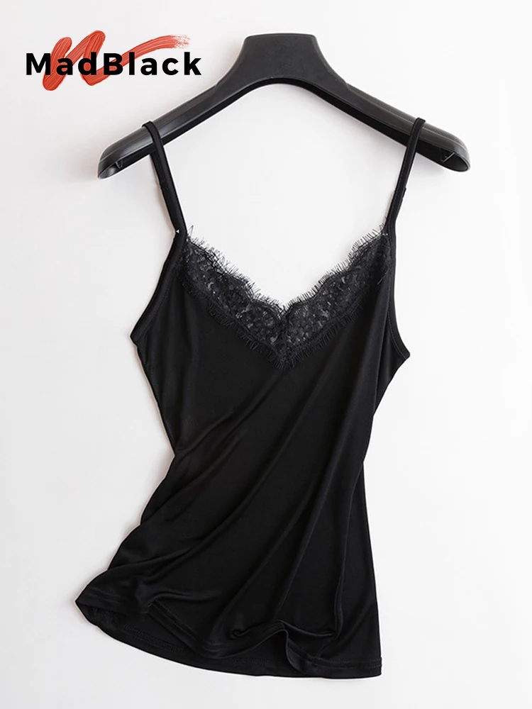 MadBlack-23%Silk 77%Polyester Sexy Sling, V Neck Lace Patchwork, Women Comfortable Thin Knit Underwear, 2026 Summer New T64313CC