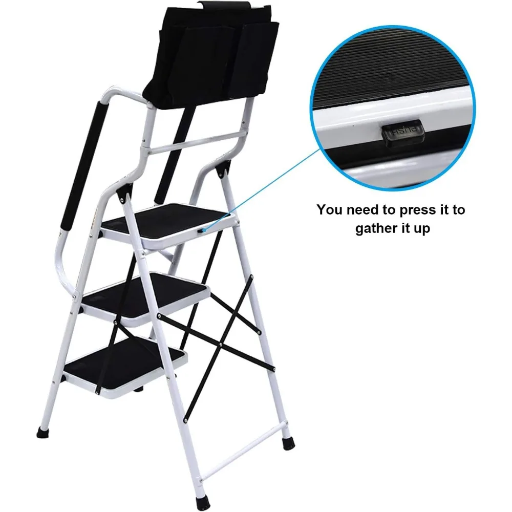3 Step Ladder Tool Ladder Folding Portable Steel Frame MAX 500 lbs Non-Slip Side armrests Large Area Pedals Detachable ToolBag