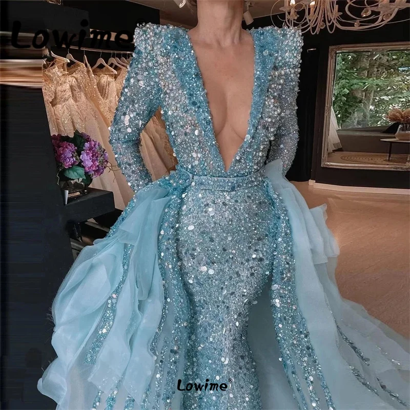 Sky ลูกปัดสีน้ำเงิน Sequined ยาว Plus ขนาด Mermaid Evening Dresses 2023ที่กำหนดเอง Robe อย่างเป็นทางการชุดพรหม Gowns